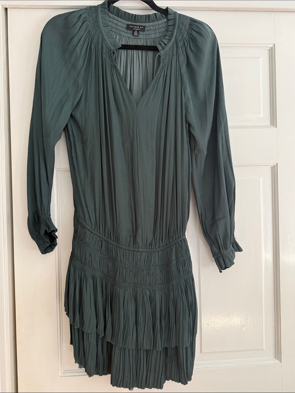 Current Air Forest Green Pleated Long-Sleeve Tiered mini Dress NWOT